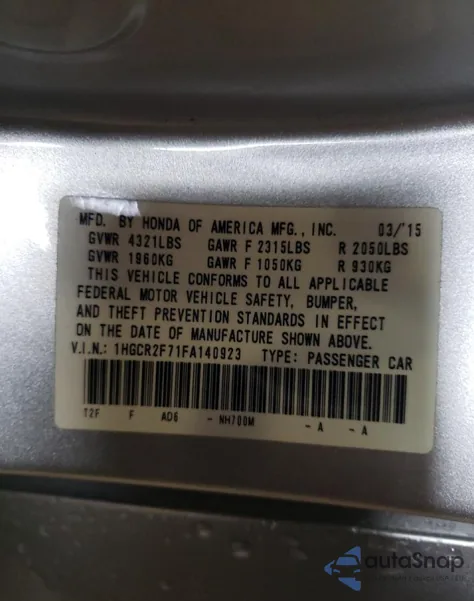 2015 Honda Accord Ex z USA, uszkodzony, nr VIN 1HGCR2F71FA140923